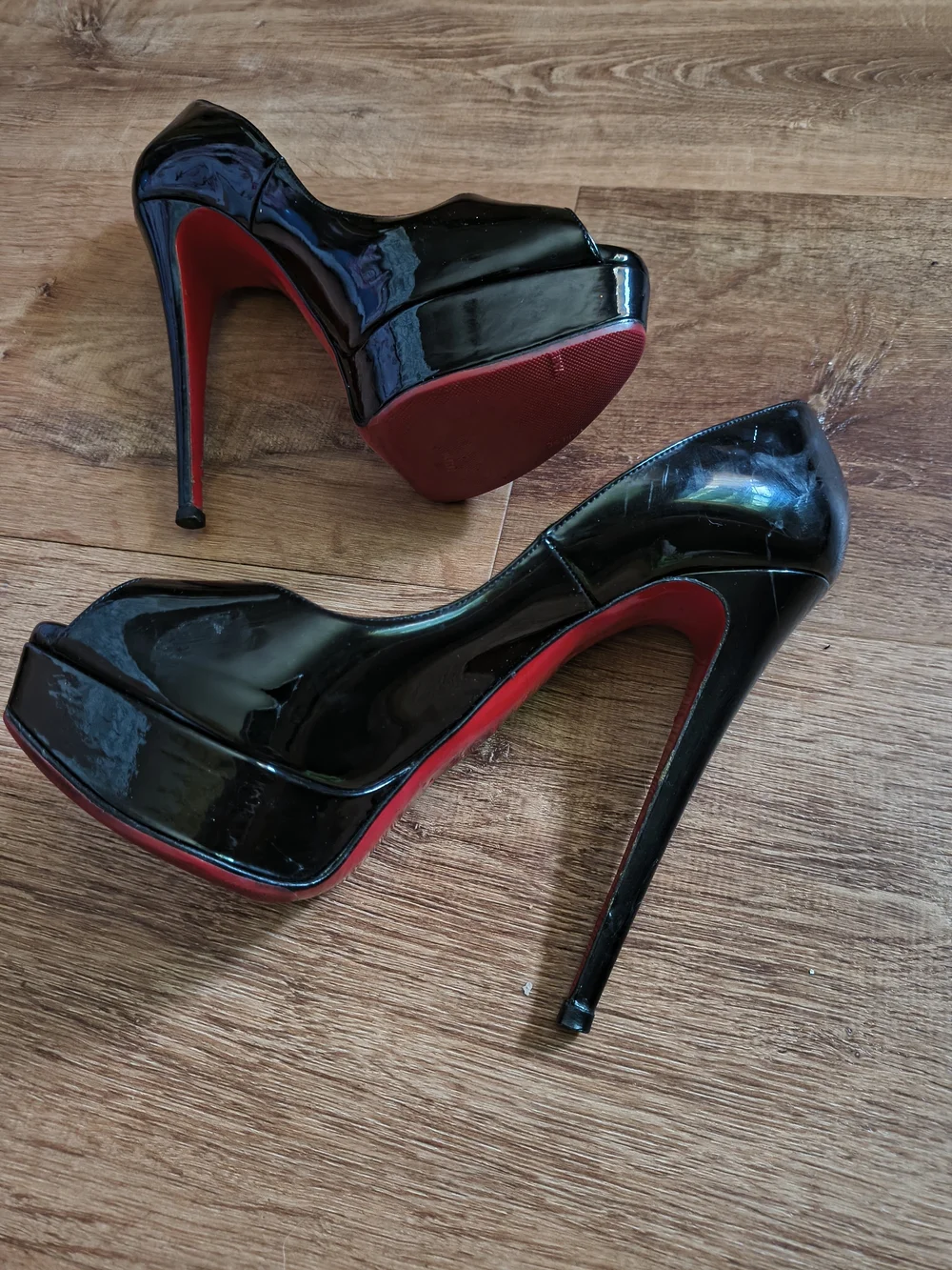 Christian Louboutin Lady Z Black Patent Platform Peep-Toe Pumps with Red Sole